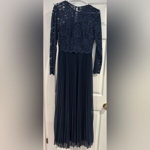 TAHARI Elegant Navy Lace and Pleated Dress